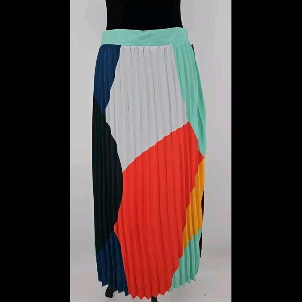 NWT Anthropologie Pleated L Maxi Skirt M Flowy Colorblock Skies Are Blue